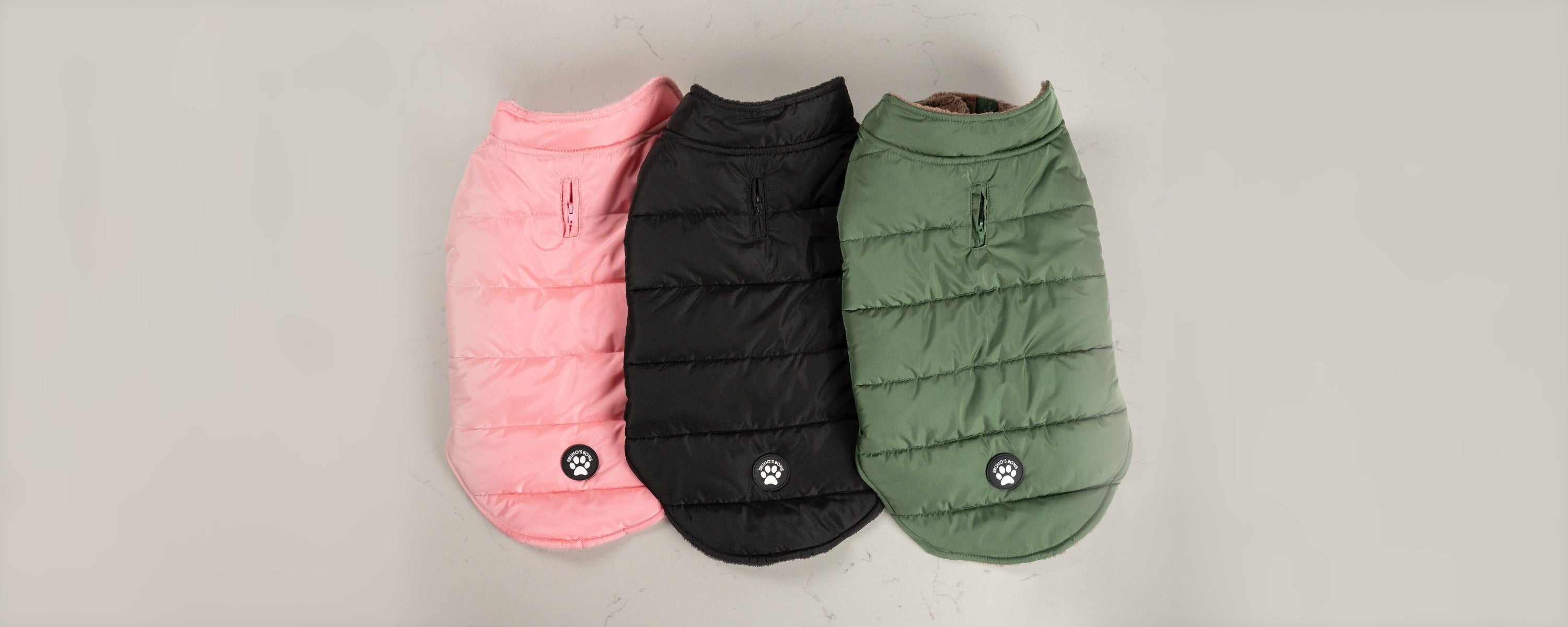 Bruno's Bows waterproof fleece-lined dog puffer coats in Pink Blush, Midnight Black and Woodland Green