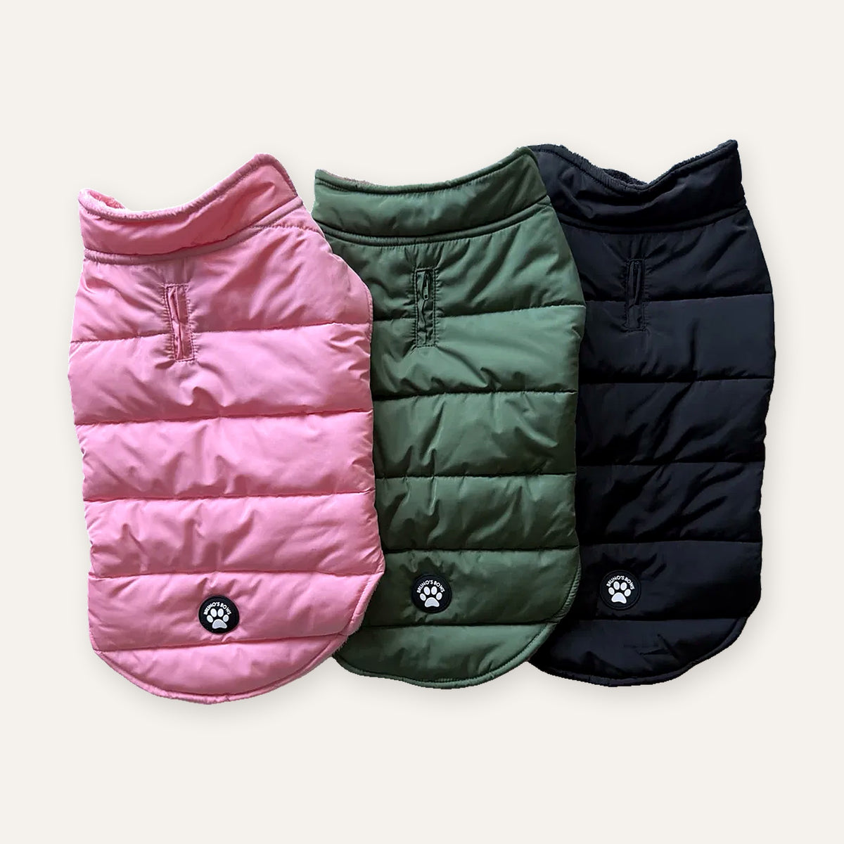 Bruno's Bows waterproof fleece-lined dog puffer coat in Pink Blush, Woodland Green and Midnight Black
