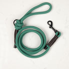 A light green rope dog leash with a black metal clasp and handle, coiled and laid out on a white background.