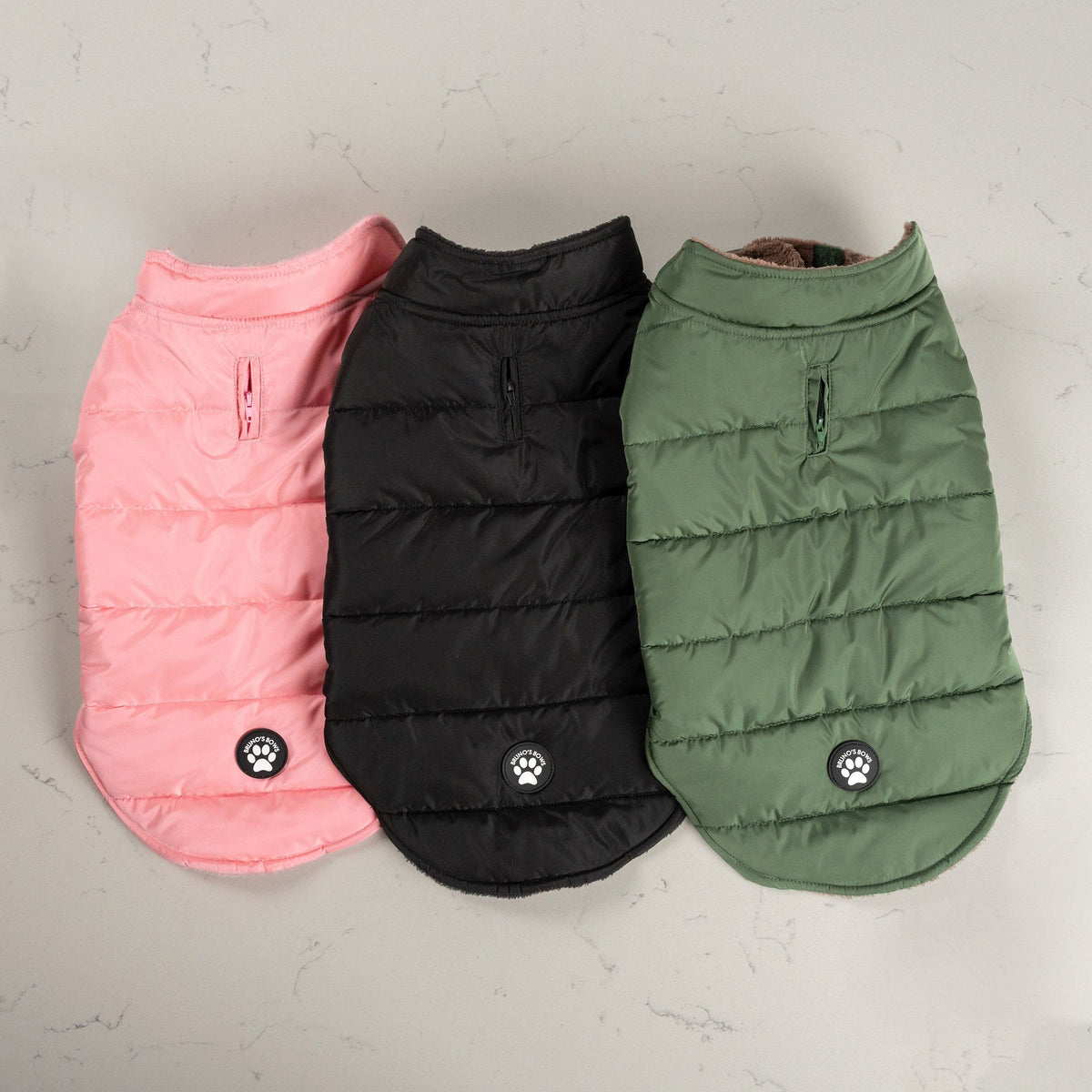 Bruno's Bows waterproof fleece-lined dog puffer coats in Pink Blush, Midnight Black and Woodland Green