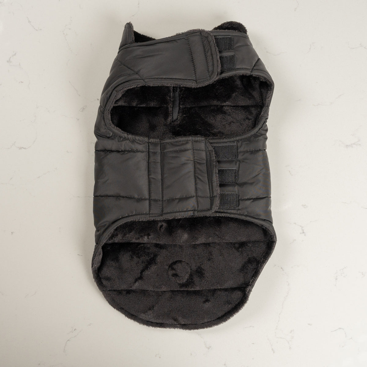 Midnight Black dog puffer coat fastened, showing the soft black fleece lining inside